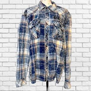 Vintage Affliction Blue Casual Button Down Shirt with Distressed Western Style